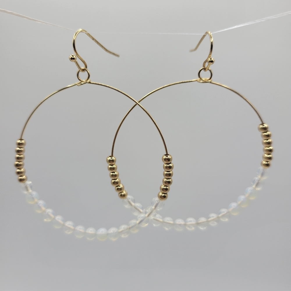 New Beaded Circle Hoop Earrings 1.75" White Opal Natural Stone Gold Plated